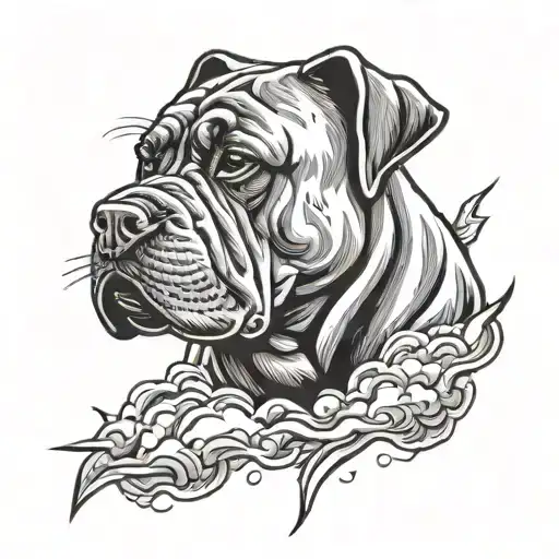 bull mastiff dog head in thunderclouds with big lightning bolts shooting out from the bottom of the clouds tattoo design idea