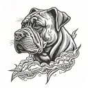 bull mastiff dog head in thunderclouds with big lightning bolts shooting out from the bottom of the clouds tattoo design idea