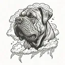 bull mastiff dog head in thunderclouds with big lightning bolts shooting out from the bottom of the clouds tattoo design idea