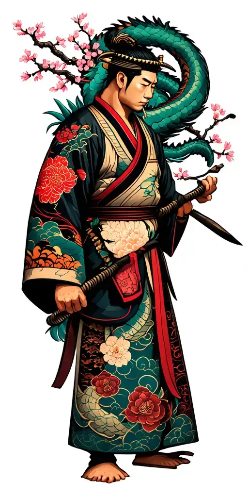 Japanese samurai with dragon wrapping around with a cherry blossom tree in the background  tattoo design idea