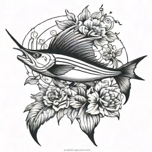 sailfish and flowers intertwined tattoo design idea