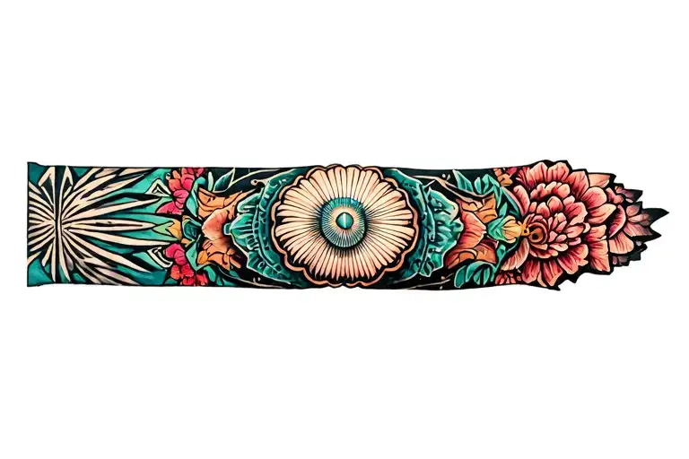 Aztec warrior, floral seashell  tattoo design idea