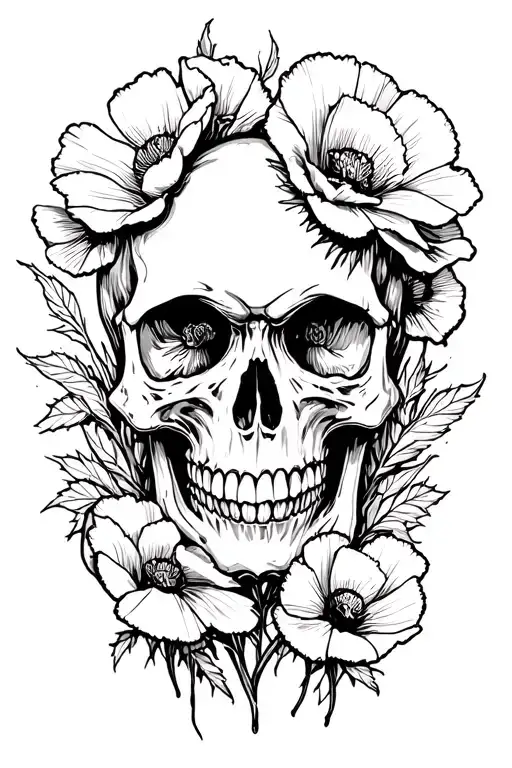 skull and poppies tattoo design idea