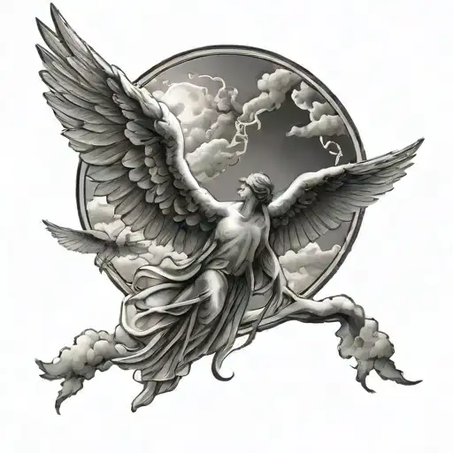 A black and grey tattoo of a serene scene with clouds, angels quotes, and doves tattoo design idea