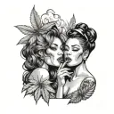 Two beautiful women smoking a marijuana cigar, with a background of marijuana leaves and smoke. tattoo design idea