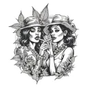 Two beautiful women smoking a marijuana cigar, with a background of marijuana leaves and smoke. tattoo design idea
