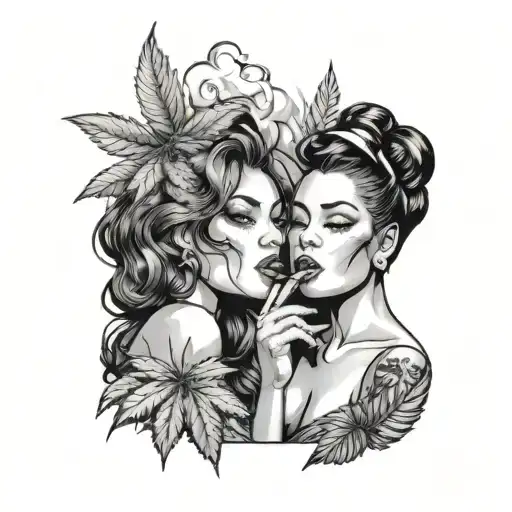 Two beautiful women smoking a marijuana cigar, with a background of marijuana leaves and smoke. tattoo design idea