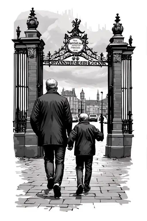 father and son walking towards the shankly gates in liverpool tattoo design idea