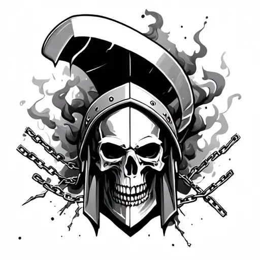 black and grey spartan skull forearm tattoo with broken chains and smoke realism masculine minimal background tattoo design idea