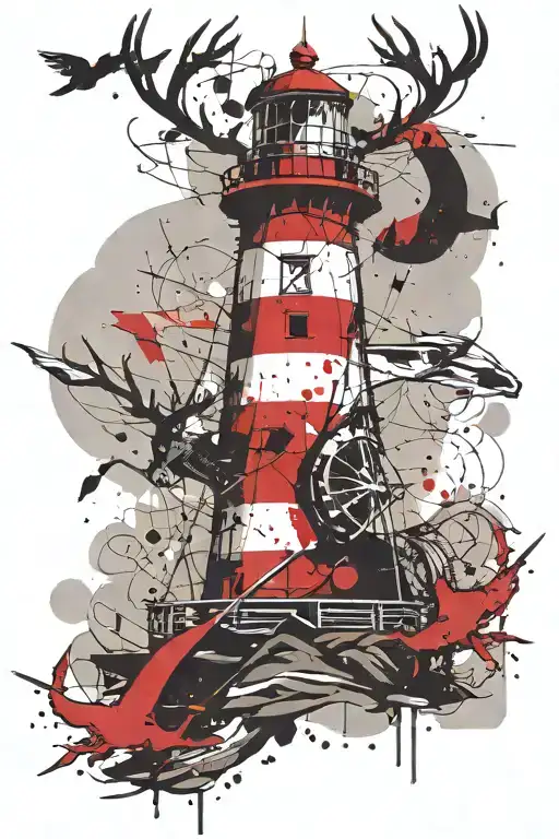 lighthouse background with an anchor underneath. a stag head in front of lighthouse  tattoo design idea