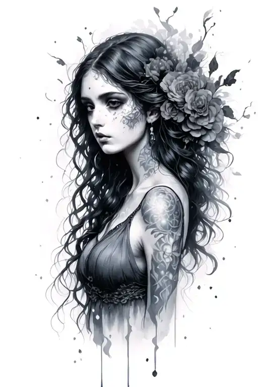 A solemn, mysterious feminine figure, encompassing fog of forgotten places and memories. She embodies sorrow, stillness, tattoo design idea