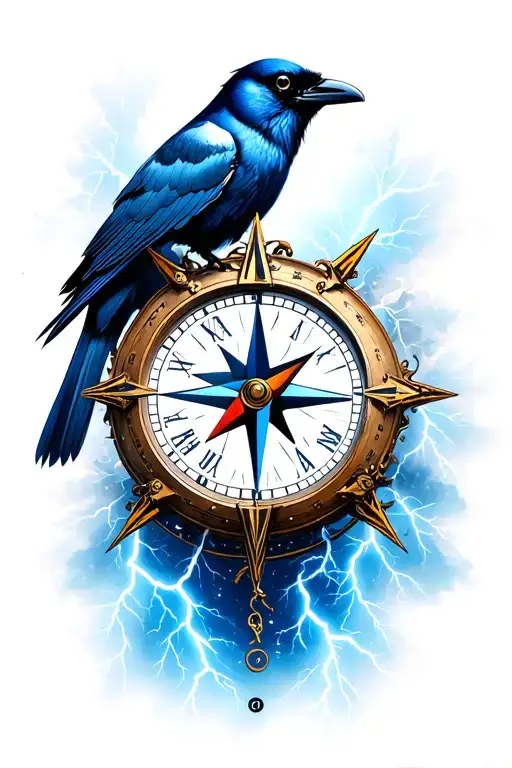 color start space, time clock, crow compass lightning tattoo design idea