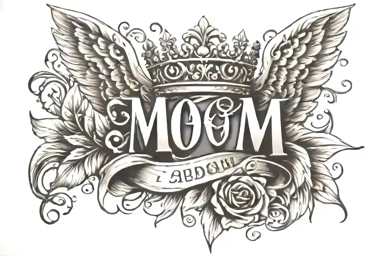 Create a tattoo of the word mom with a crown on the m 1965 in the bottom and angel wings on the side tattoo design idea