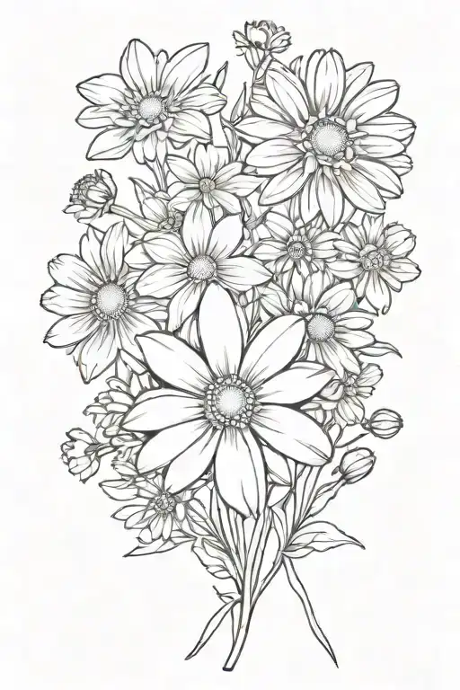 cosmos , chrysanthemum , daisy, daffodil, violet bouquet tattoo design idea