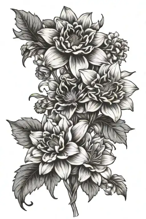 violets, daffodils, daisy, water lily, gladiolus, aster, marigold, chrysanthemum tattoo design idea