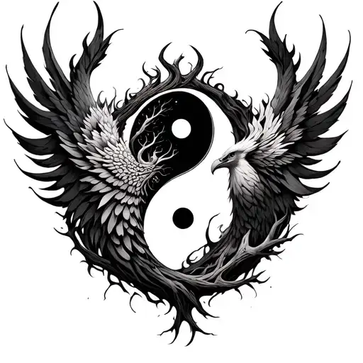 phoenix,yingyang,tree of life intertwined tattoo design idea