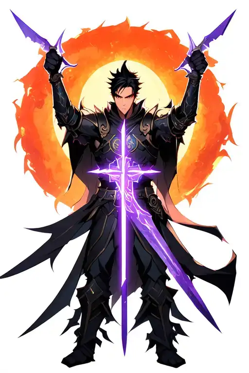 Sun Jin-Woo from Solo Leveling with dark armor, glowing purple cross on chest, both daggers raised in front of him, evil tattoo design idea