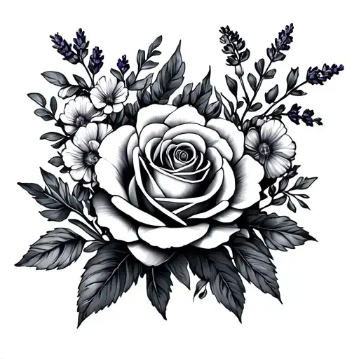 generate a tattoo that can go on a hip and is fine line and dainty. It will consist of roses, carnations, and lavender  tattoo design idea