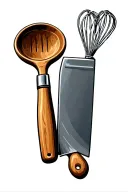 vertical chefs knife, wisk, wooden spoon, meat cleaver, art deco, color tattoo design idea