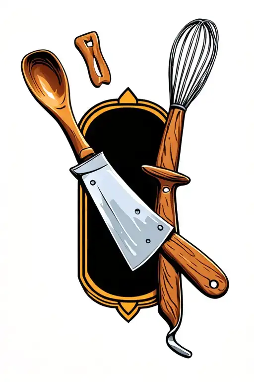 vertical chefs knife, wisk, wooden spoon, meat cleaver, art deco, color tattoo design idea