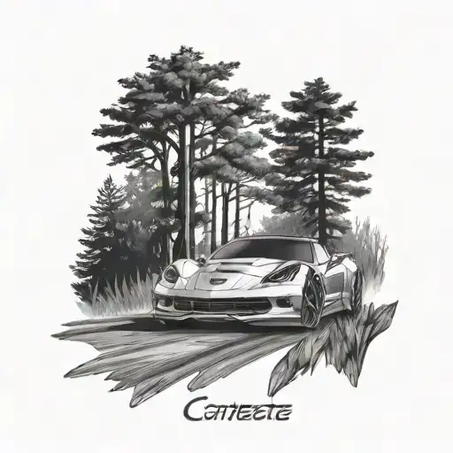 woods, dirt road, 2016 corvette speeding tattoo design idea