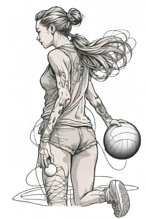 girls holds volleyball ball with a string like balloon, girls should be seen from back. it should be minimal and one lin tattoo design idea