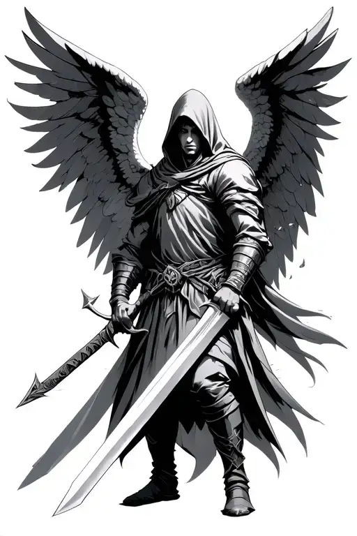 powerful hooded angel warrior wielding a sword tattoo design idea