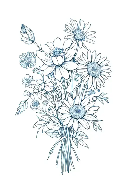 fine line bouquet with a blue bonnet, an aster, a mornign glory, a narcissus, a daffodil, a rose, a daisy, a waterlilly tattoo design idea