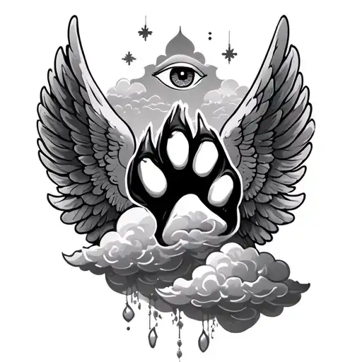 Dog paw print, clouds, angel wings and eye above realistic tattoo design idea