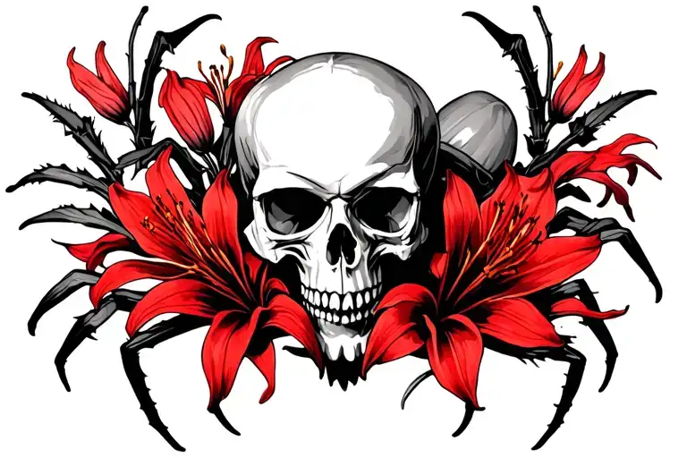 skulls intertwined with red spider lilies tattoo design idea