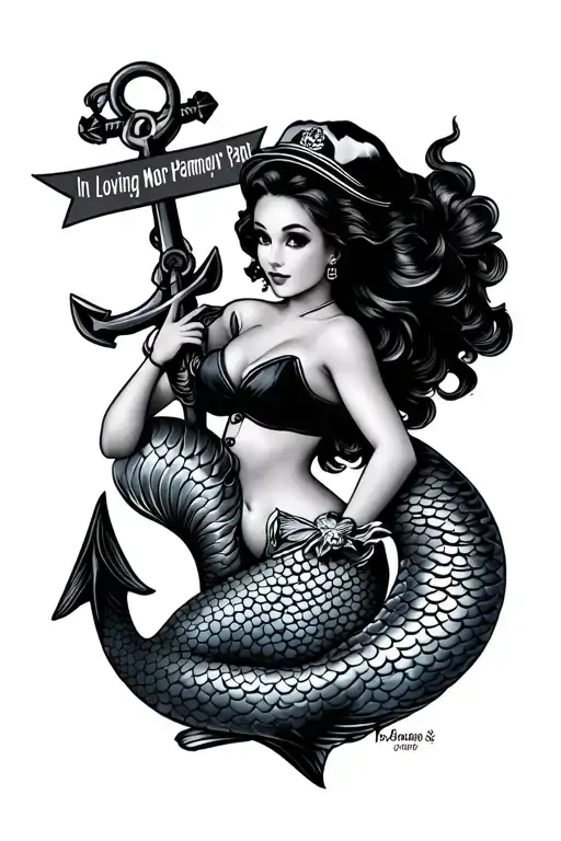 "In Loving Memory of Papaw Jack" Anchor with the Navy symbol, a mermaid pin up girl wearing a navy uniform tattoo design idea