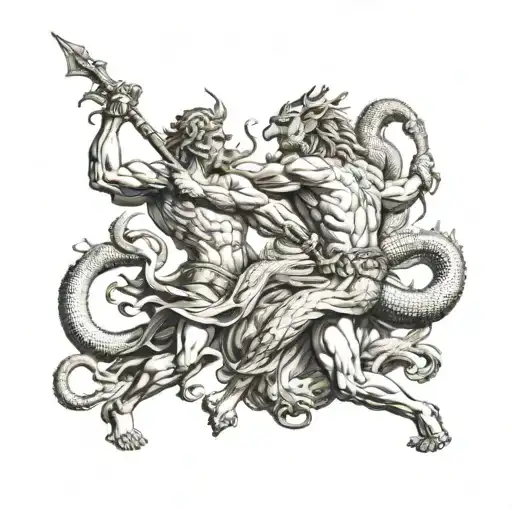 The antique style of ancient Greece god fighting with dragon tattoo design idea