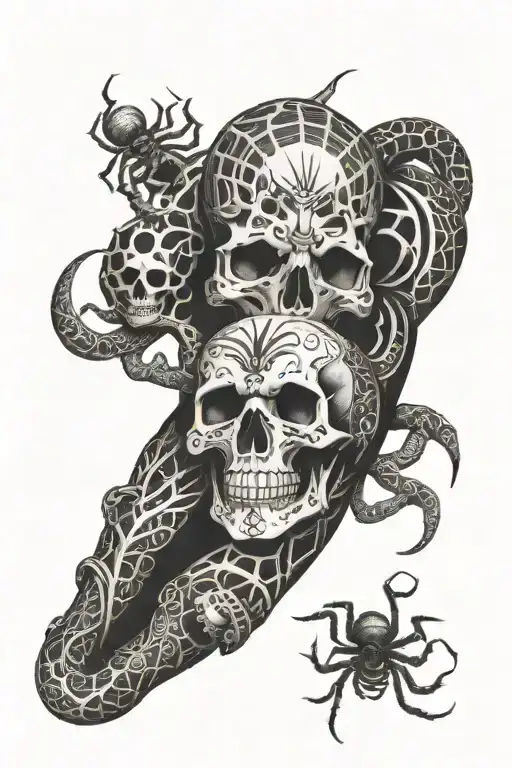 wrist length sleeve with spiders, skulls, monk and snakes tattoo design idea