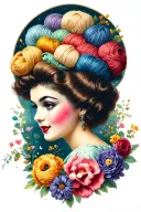 side profile 1950s female face with yarn exploding from top of head surrounded by flowers. lots of color tattoo design idea