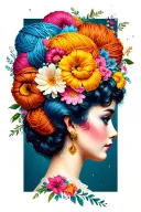 side profile 1950s female face with yarn exploding from top of head surrounded by flowers. lots of color tattoo design idea
