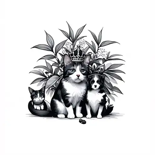 Small prince plant with a cat, a dog and a child tattoo design idea