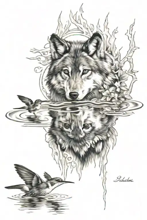 wolf and hummingbird reflection in water tattoo design idea