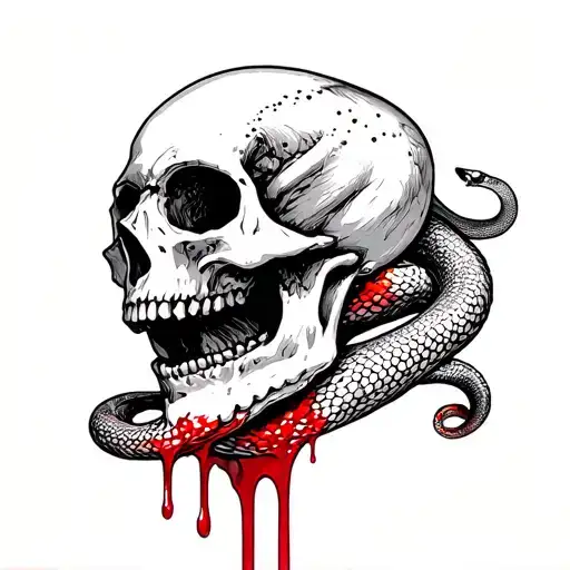 Skull with blood leaking from it's mouth and a snake slithering around the skull chest tattoo tattoo design idea