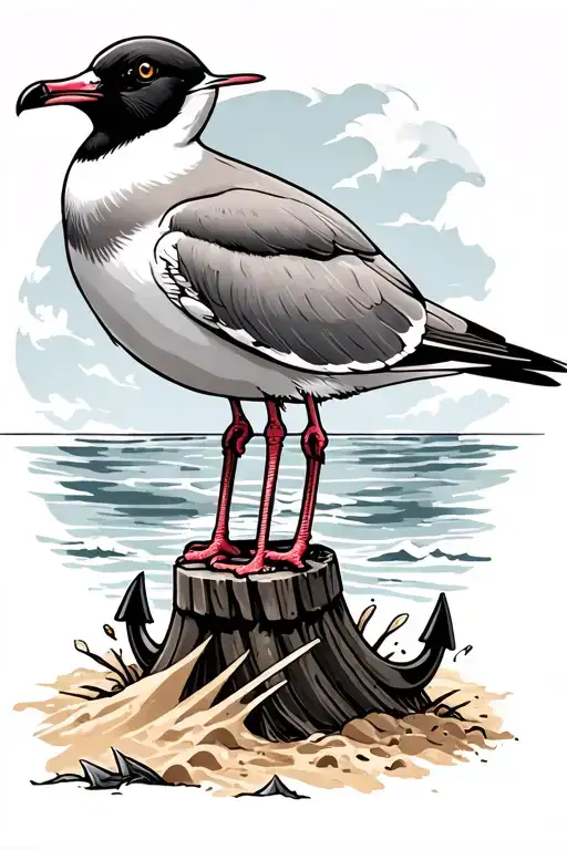 LAUGHING GULL SEAGULL, staring AT THE OCEAN, PERCHED ON TOP OF AN ANCHOR that is half way coming out of the sand tattoo design idea