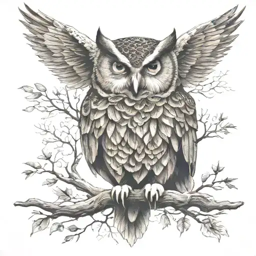 Celtic owl on branch with wings outstretched wings tattoo design idea
