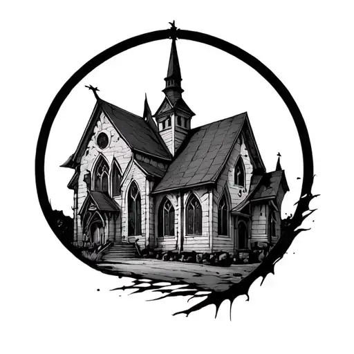 Design a black and white tattoo . The church is the monster. like the movie "monster house"  church turning into monster tattoo design idea