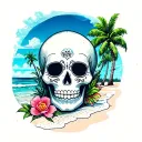 "There’s a fine line between" sugar skull, xray, beach scene with palm trees tattoo design idea