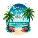 "There’s a fine line between" sugar skull, xray, beach scene with palm trees tattoo design idea