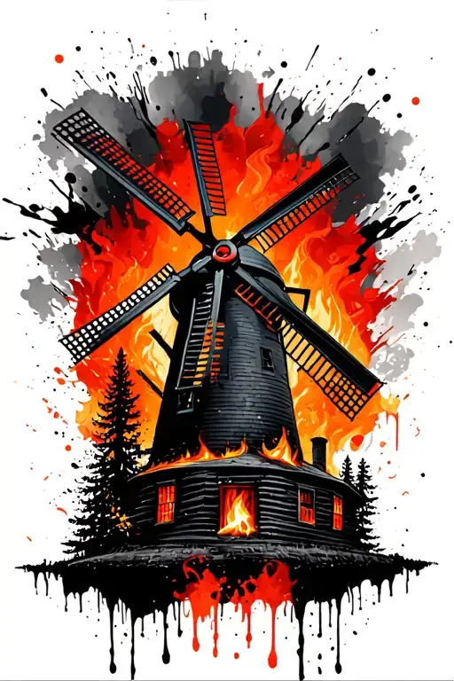 Black forest, black windmill, orange campfire. tattoo design idea