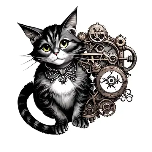 alice in wonderland with the cheshire cat in a steampunk fashion tattoo design idea