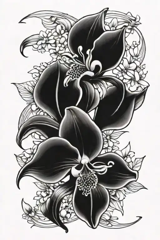 Create a tattoo with black orchid, calla lily, and daisy in a balanced, minimalistic bouquet with black-and-grey shading tattoo design idea
