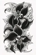 Create a tattoo with black orchid, calla lily, and daisy in a balanced, minimalistic bouquet with black-and-grey shading tattoo design idea