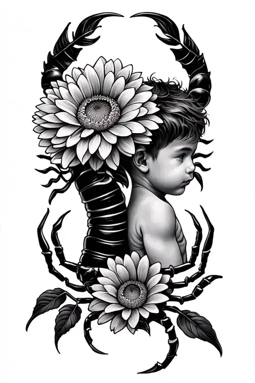 Tattoo representing 2 young brothers born under the astrological sign of scorpion with chrysanthemum tattoo design idea