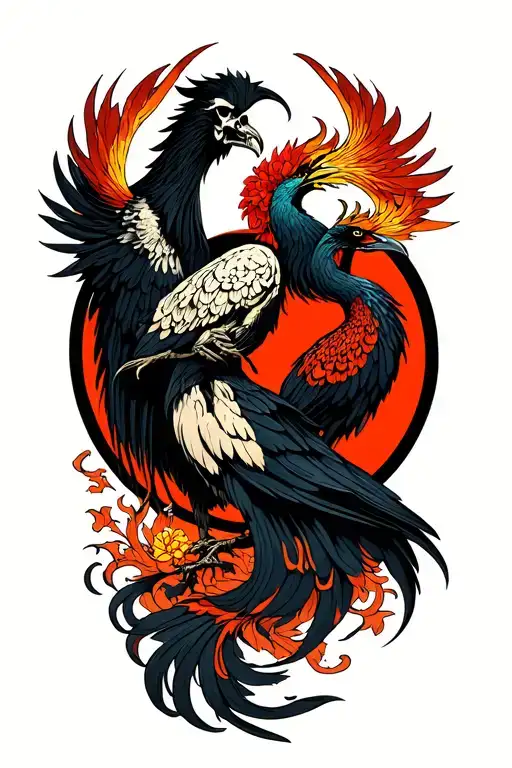 circle of life phoenix and grim reaper playing tattoo design idea