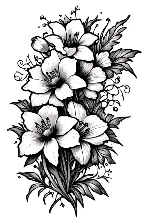 full leg sleeve tattoo design incorporating flowers. Lilly, poppie, daffodils. with filigree  tattoo design idea